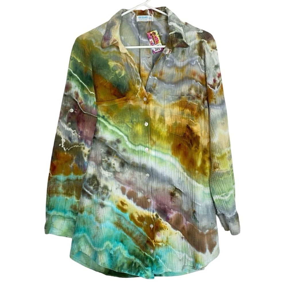 4Our Dreamers Geode Tie Dye Button Down Shirt Top Womens Size Medium Crepe Gauze